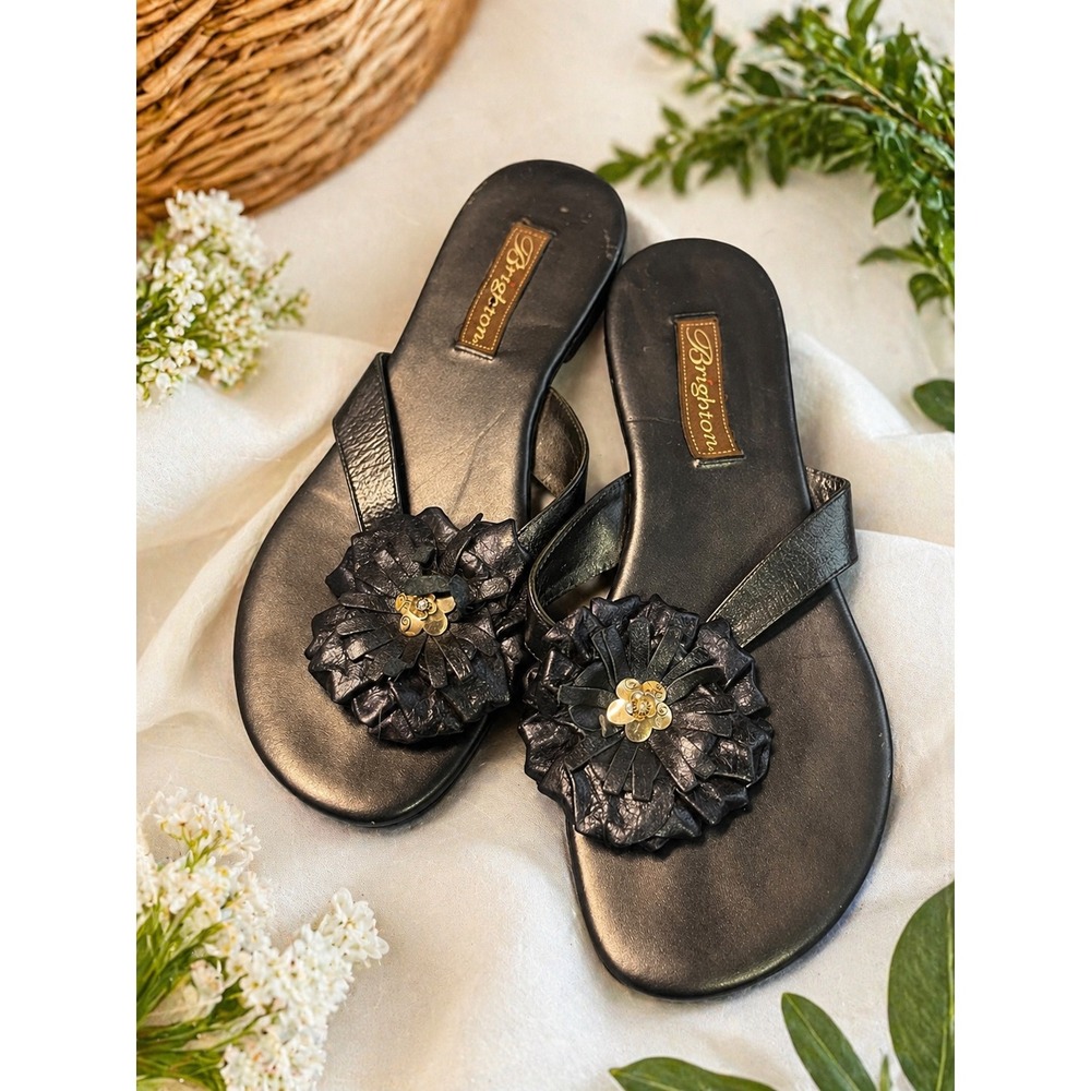 Brighton Womens Metallic Pewter Leather Flower Thong Sandals Flat Flip Flops 9M